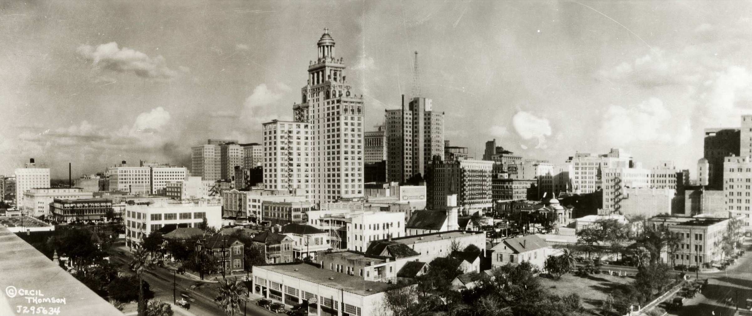 Downtown Houston in 1927, photographed by Cecil M. Thomson, with the Esperson Building at the center