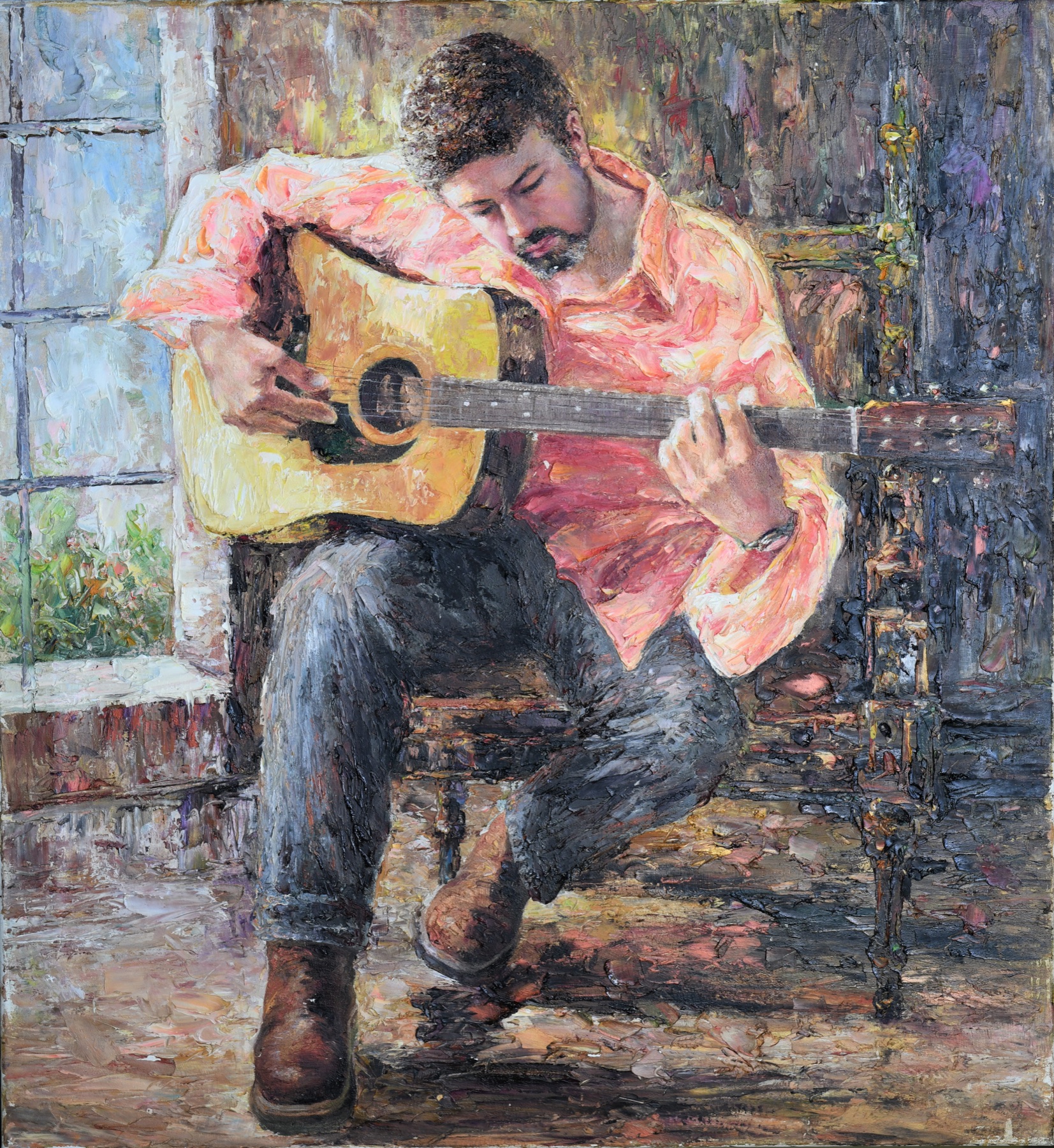 Painterly portrait of Sal Chavez playing an acoustic guitar